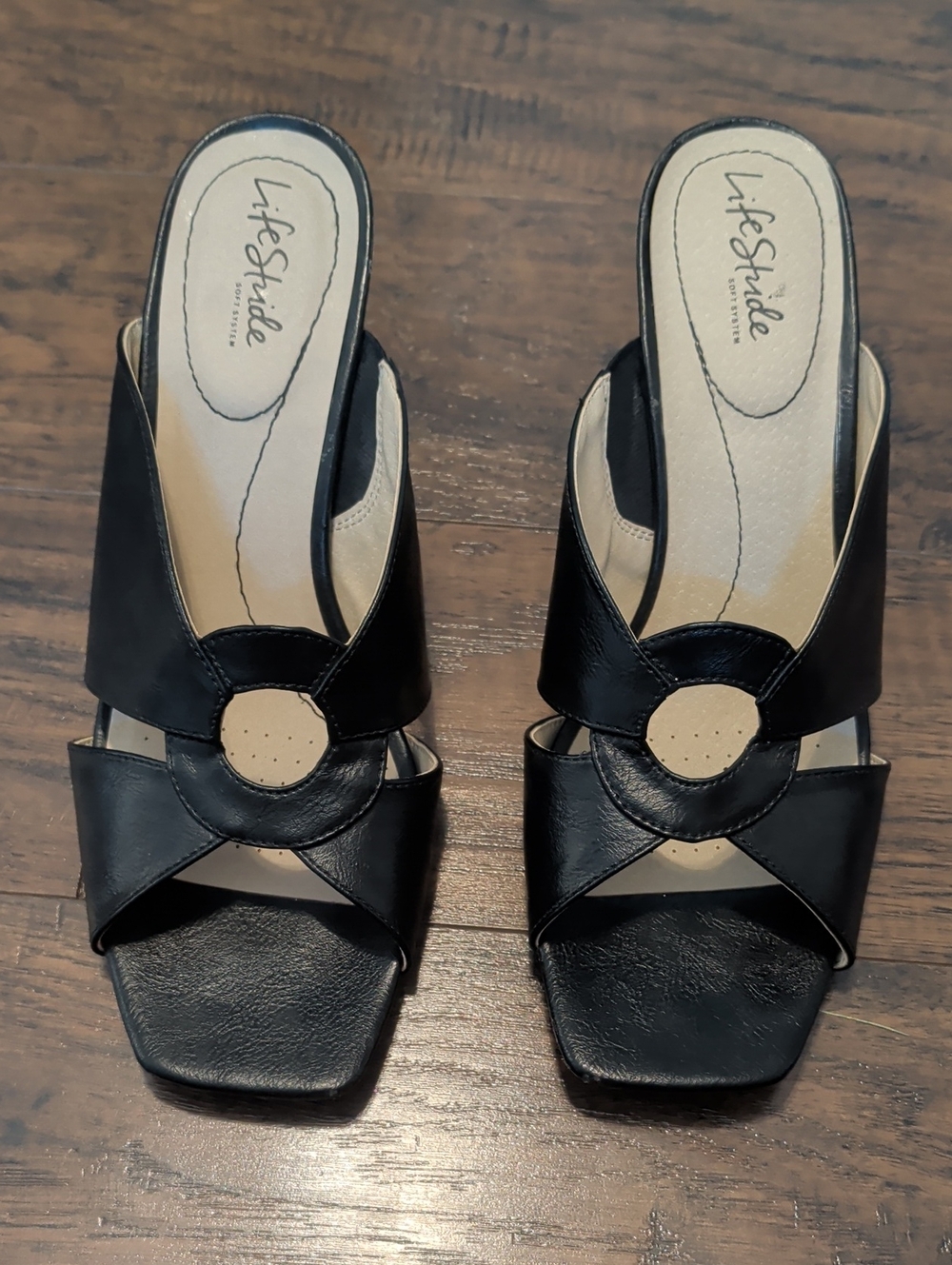 Life Stride Black Leather Open-Toe Mule with Circular Accent